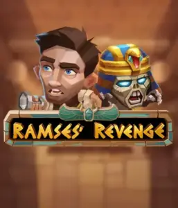 Explore the thrilling world of the Ramses' Revenge game by Relax Gaming, showcasing a startled explorer and a terrifying mummy against an Egyptian tomb backdrop. This graphic depicts the adventure of ancient Egyptian myths, ideal for those interested in historical adventures, providing a thrilling escape. 